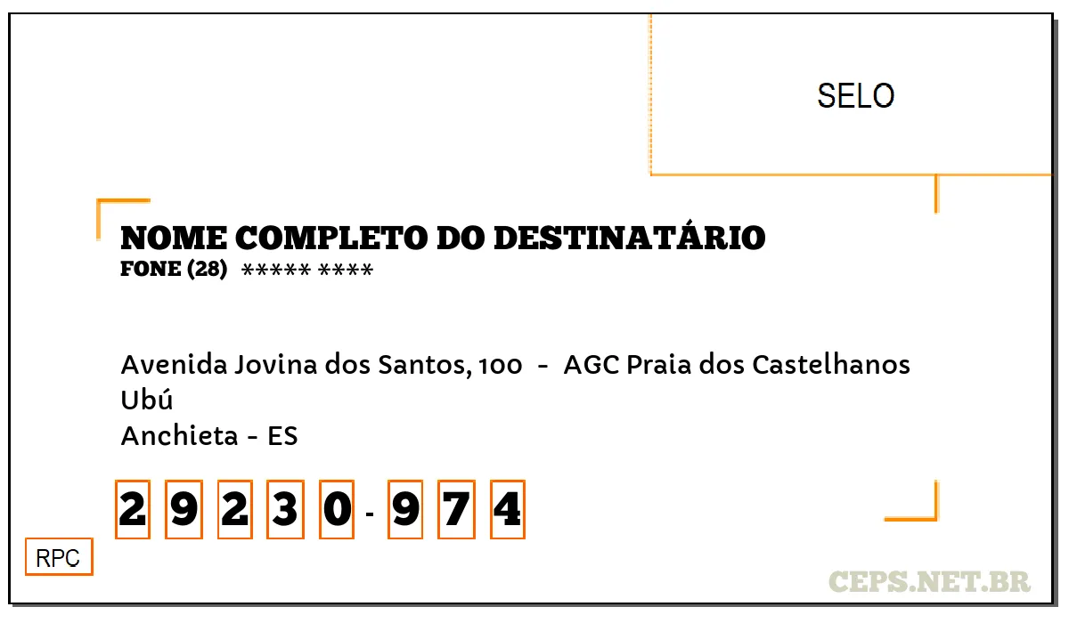 CEP ANCHIETA - ES, DDD 28, CEP 29230974, AVENIDA JOVINA DOS SANTOS, 100 , BAIRRO UBÚ.