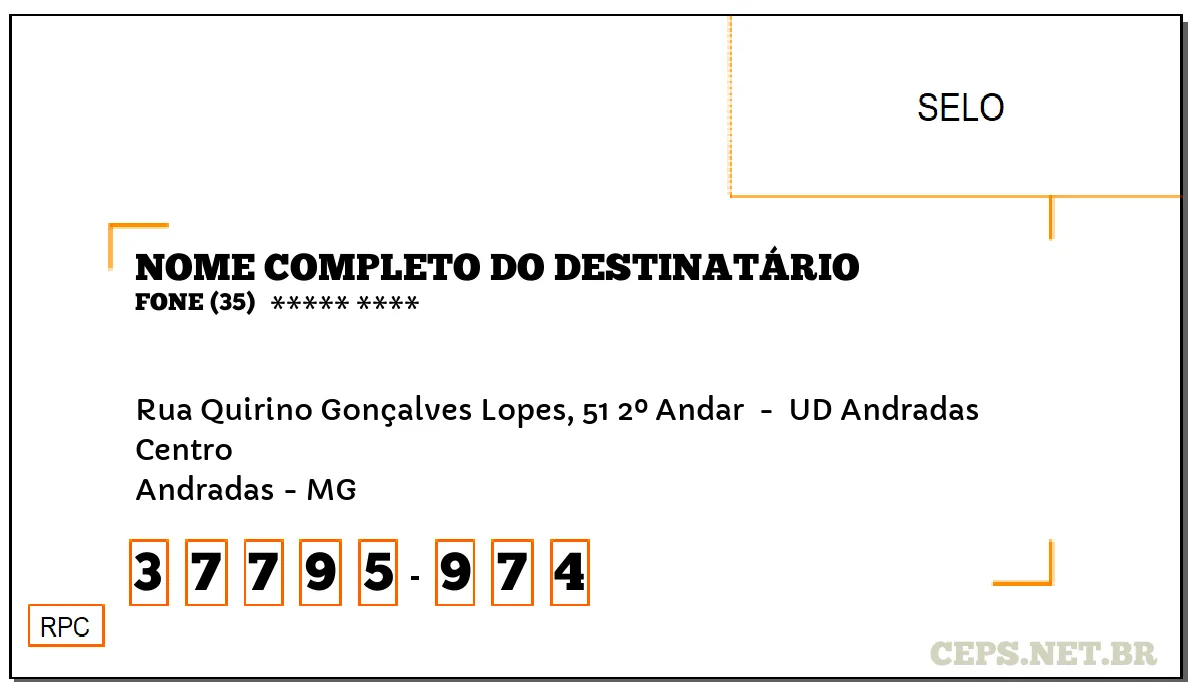 CEP ANDRADAS - MG, DDD 35, CEP 37795974, RUA QUIRINO GONÇALVES LOPES, 51 2º ANDAR , BAIRRO CENTRO.