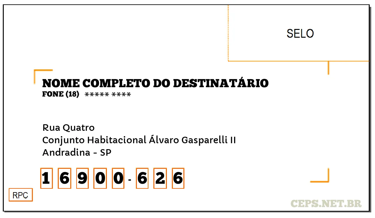 CEP ANDRADINA - SP, DDD 18, CEP 16900626, RUA QUATRO, BAIRRO CONJUNTO HABITACIONAL ÁLVARO GASPARELLI II.