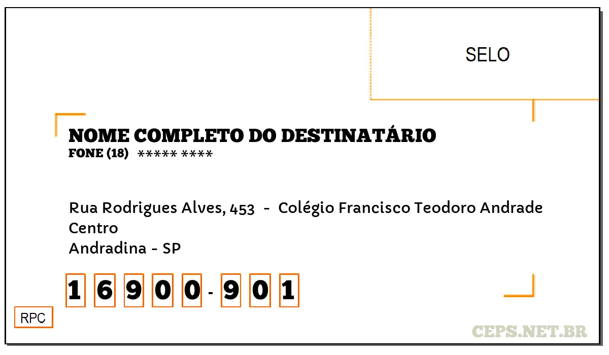 CEP ANDRADINA - SP, DDD 18, CEP 16900901, RUA RODRIGUES ALVES, 453 , BAIRRO CENTRO.