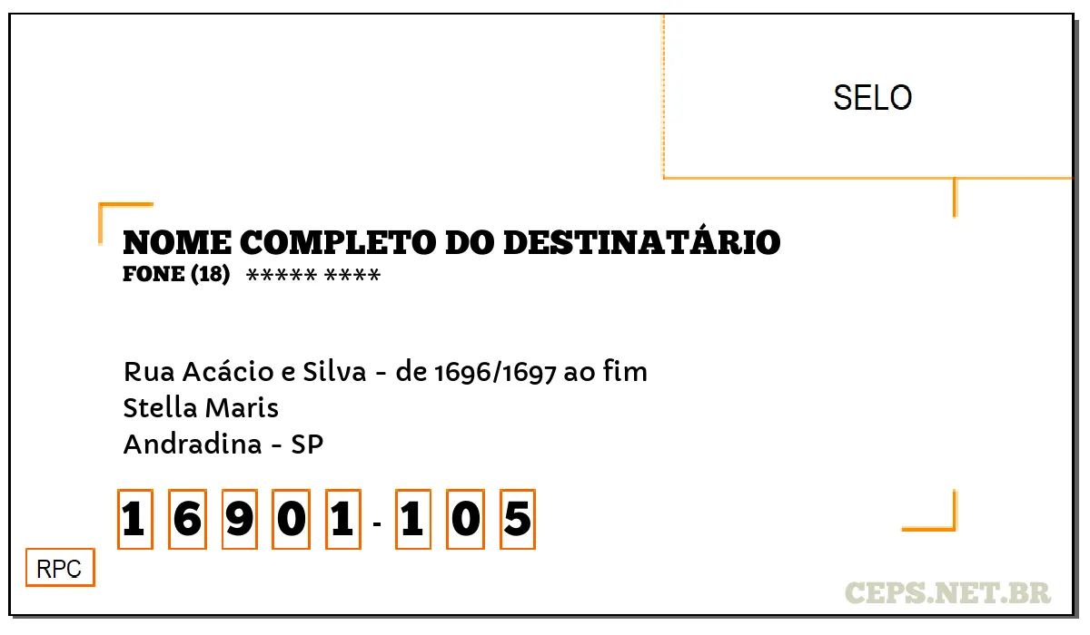 CEP ANDRADINA - SP, DDD 18, CEP 16901105, RUA ACÁCIO E SILVA - DE 1696/1697 AO FIM, BAIRRO STELLA MARIS.