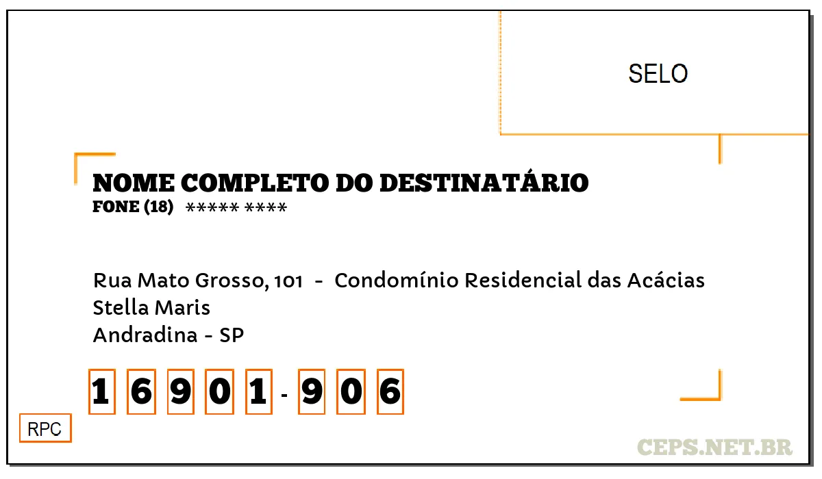 CEP ANDRADINA - SP, DDD 18, CEP 16901906, RUA MATO GROSSO, 101 , BAIRRO STELLA MARIS.