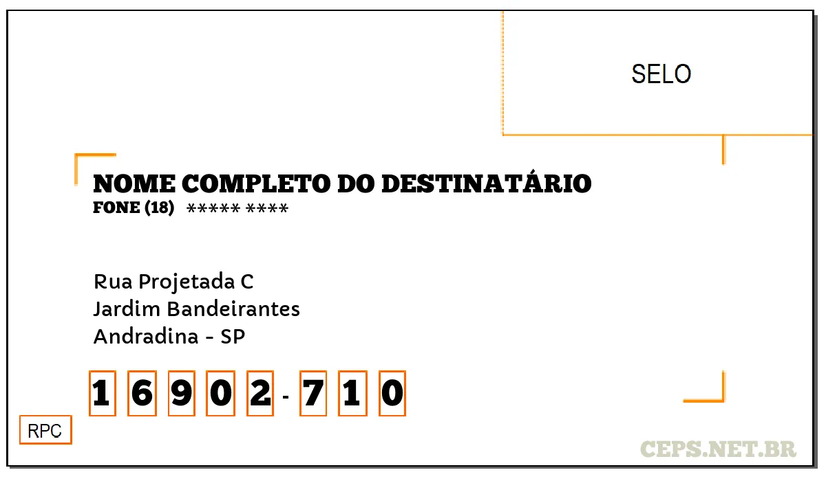 CEP ANDRADINA - SP, DDD 18, CEP 16902710, RUA PROJETADA C, BAIRRO JARDIM BANDEIRANTES.