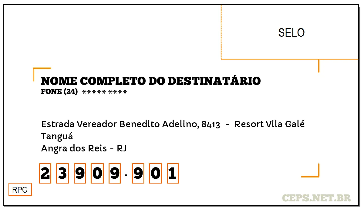 CEP ANGRA DOS REIS - RJ, DDD 24, CEP 23909901, ESTRADA VEREADOR BENEDITO ADELINO, 8413 , BAIRRO TANGUÁ.