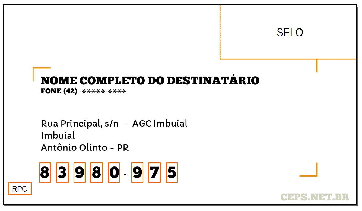 CEP ANTÔNIO OLINTO - PR, DDD 42, CEP 83980975, RUA PRINCIPAL, S/N , BAIRRO IMBUIAL.