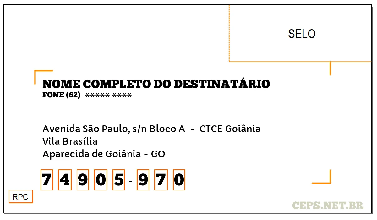 CEP APARECIDA DE GOIÂNIA - GO, DDD 62, CEP 74905970, AVENIDA SÃO PAULO, S/N BLOCO A , BAIRRO VILA BRASÍLIA.