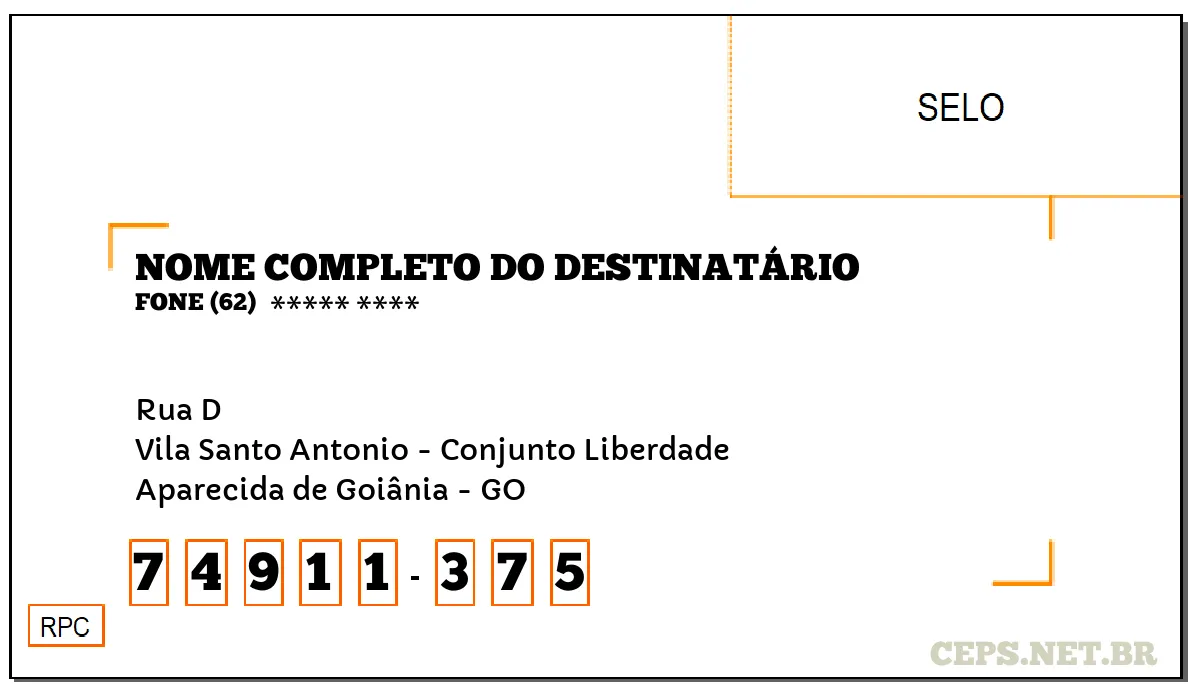 CEP APARECIDA DE GOIÂNIA - GO, DDD 62, CEP 74911375, RUA D, BAIRRO VILA SANTO ANTONIO - CONJUNTO LIBERDADE.