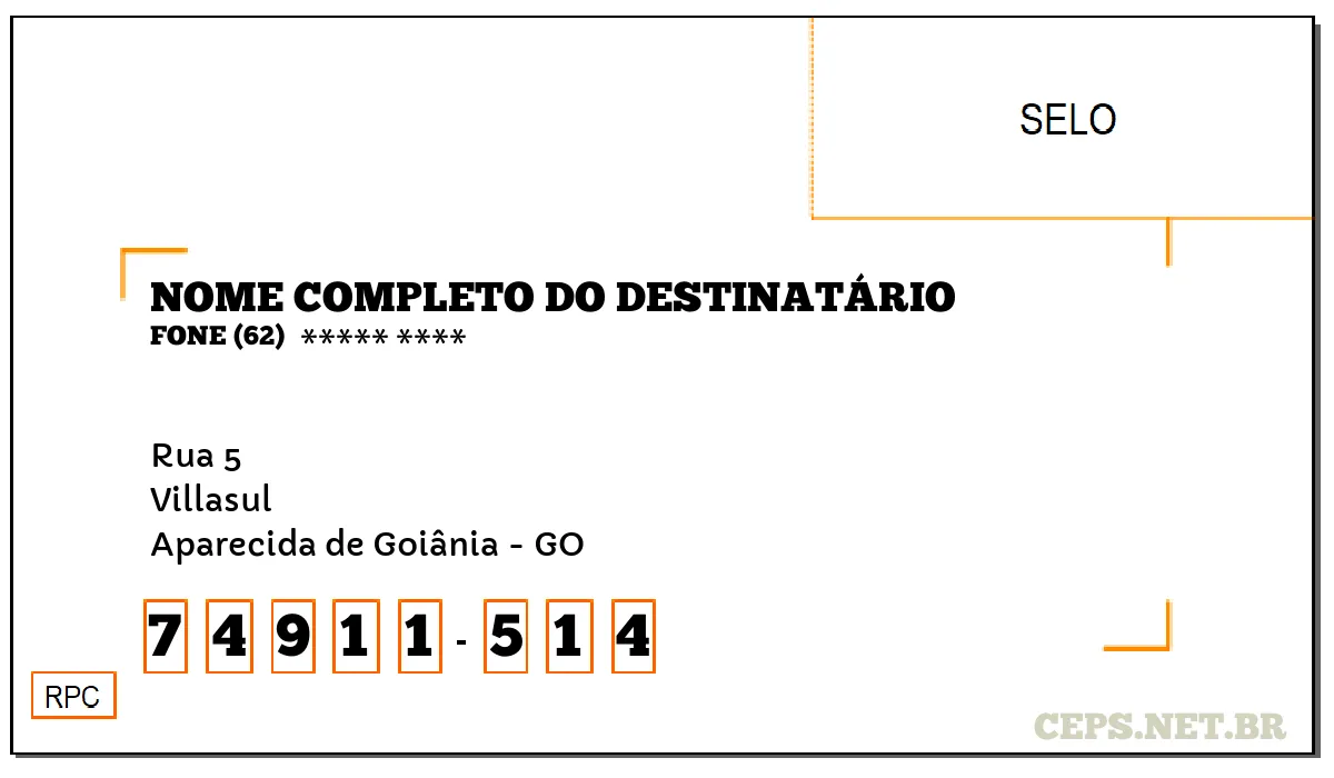 CEP APARECIDA DE GOIÂNIA - GO, DDD 62, CEP 74911514, RUA 5, BAIRRO VILLASUL.