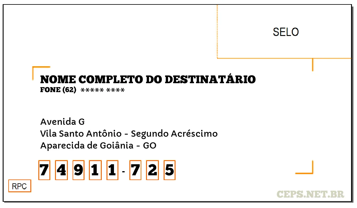 CEP APARECIDA DE GOIÂNIA - GO, DDD 62, CEP 74911725, AVENIDA G, BAIRRO VILA SANTO ANTÔNIO - SEGUNDO ACRÉSCIMO.