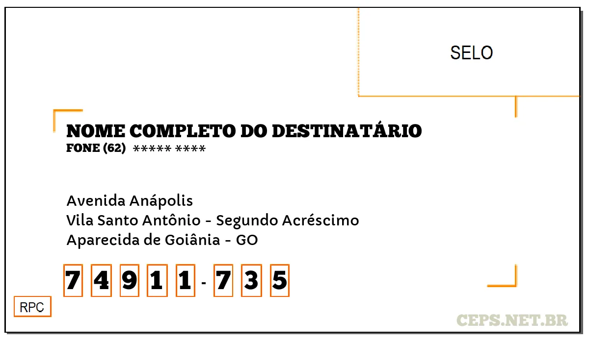 CEP APARECIDA DE GOIÂNIA - GO, DDD 62, CEP 74911735, AVENIDA ANÁPOLIS, BAIRRO VILA SANTO ANTÔNIO - SEGUNDO ACRÉSCIMO.