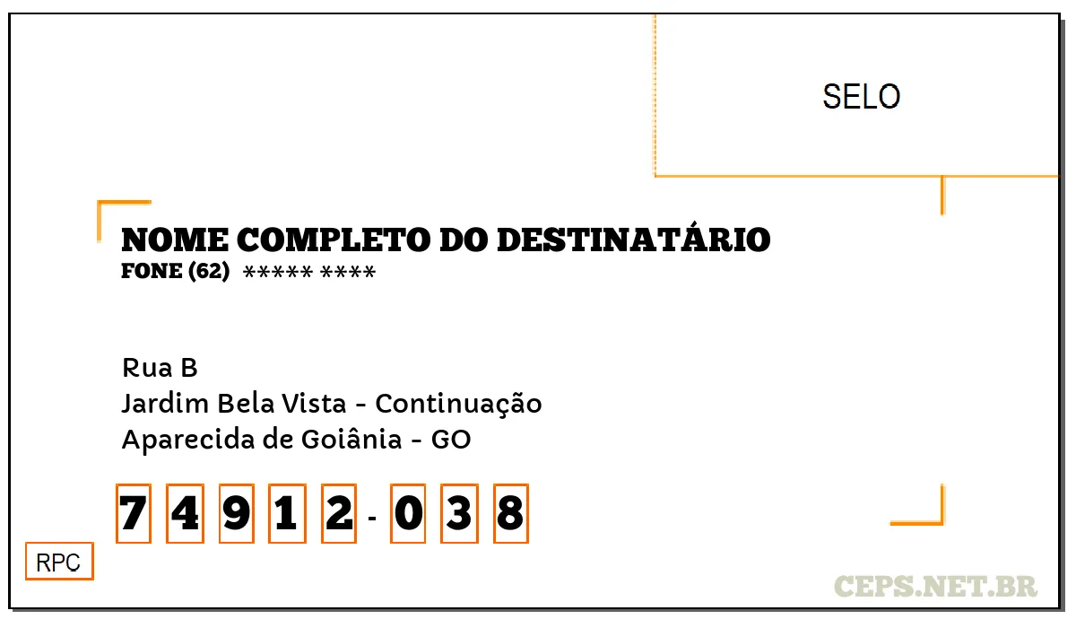 CEP APARECIDA DE GOIÂNIA - GO, DDD 62, CEP 74912038, RUA B, BAIRRO JARDIM BELA VISTA - CONTINUAÇÃO.