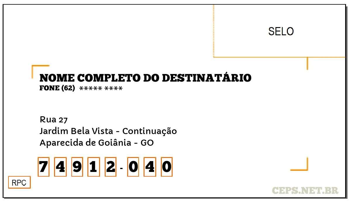 CEP APARECIDA DE GOIÂNIA - GO, DDD 62, CEP 74912040, RUA 27, BAIRRO JARDIM BELA VISTA - CONTINUAÇÃO.