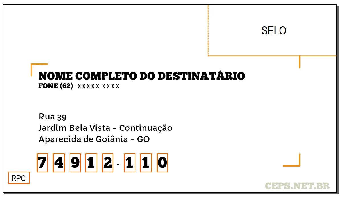 CEP APARECIDA DE GOIÂNIA - GO, DDD 62, CEP 74912110, RUA 39, BAIRRO JARDIM BELA VISTA - CONTINUAÇÃO.