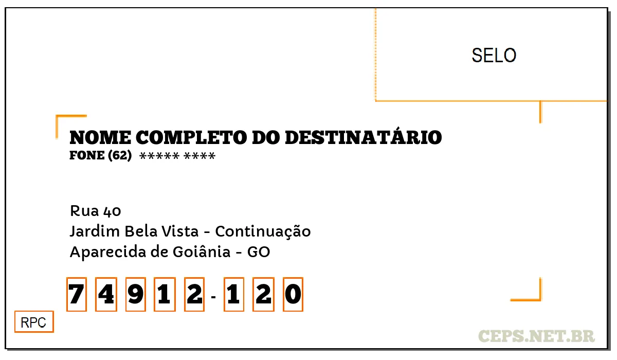 CEP APARECIDA DE GOIÂNIA - GO, DDD 62, CEP 74912120, RUA 40, BAIRRO JARDIM BELA VISTA - CONTINUAÇÃO.