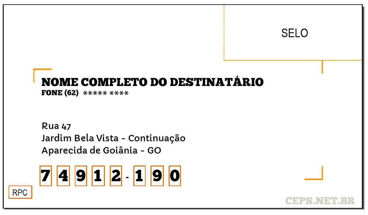 CEP APARECIDA DE GOIÂNIA - GO, DDD 62, CEP 74912190, RUA 47, BAIRRO JARDIM BELA VISTA - CONTINUAÇÃO.