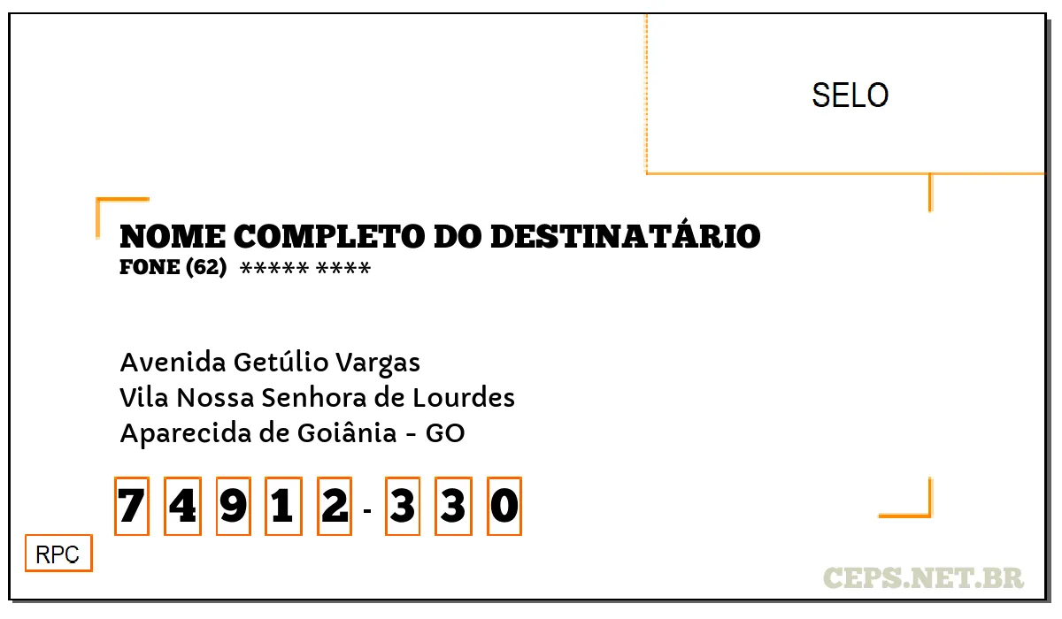 CEP APARECIDA DE GOIÂNIA - GO, DDD 62, CEP 74912330, AVENIDA GETÚLIO VARGAS, BAIRRO VILA NOSSA SENHORA DE LOURDES.