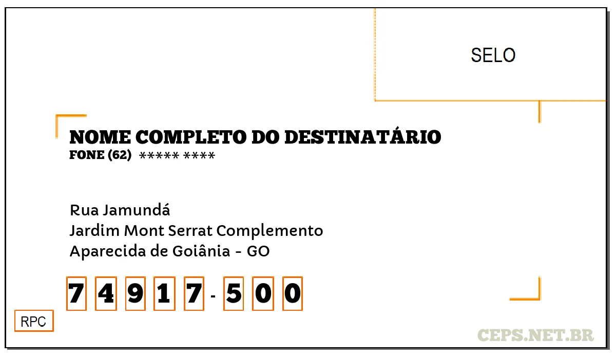 CEP APARECIDA DE GOIÂNIA - GO, DDD 62, CEP 74917500, RUA JAMUNDÁ, BAIRRO JARDIM MONT SERRAT COMPLEMENTO.