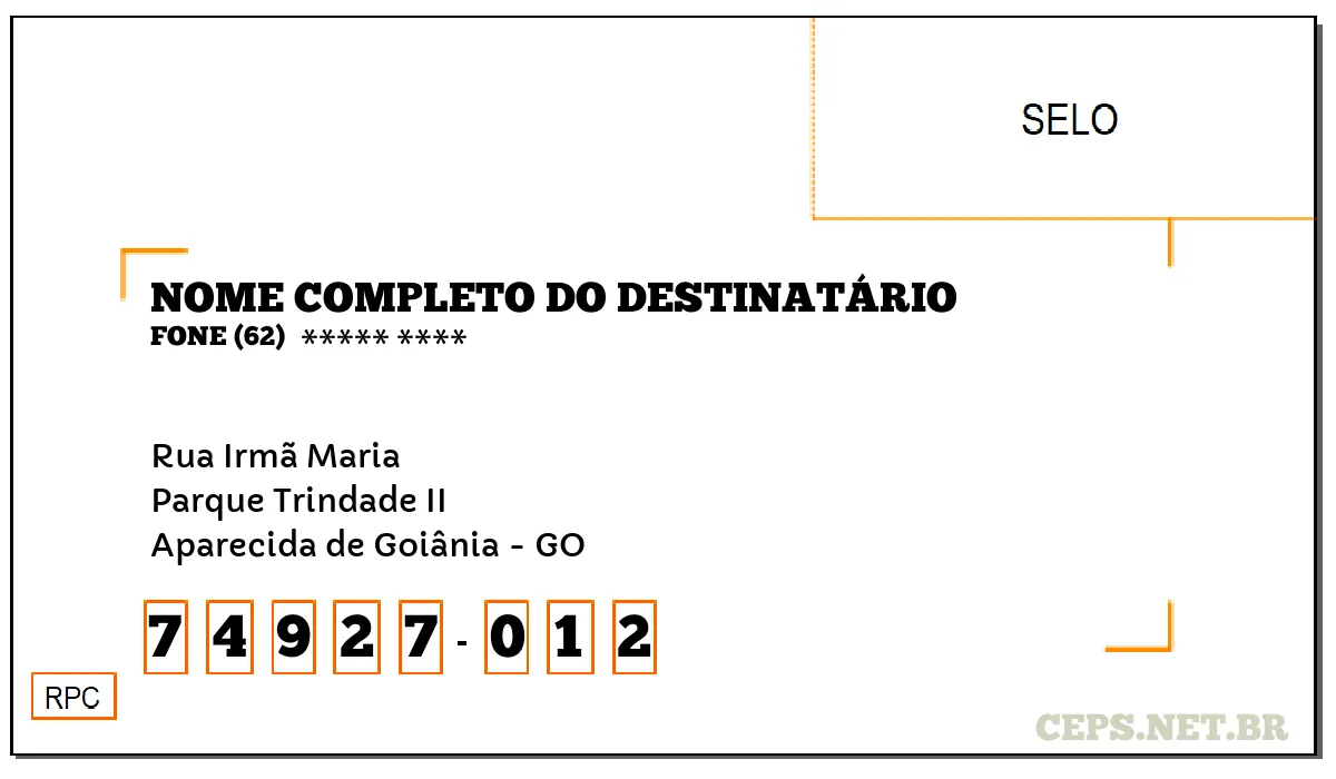 CEP APARECIDA DE GOIÂNIA - GO, DDD 62, CEP 74927012, RUA IRMÃ MARIA, BAIRRO PARQUE TRINDADE II.