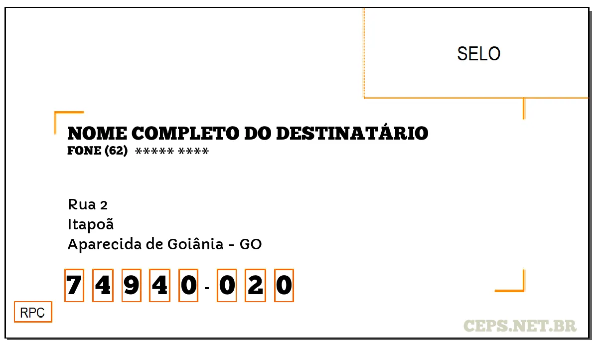 CEP APARECIDA DE GOIÂNIA - GO, DDD 62, CEP 74940020, RUA 2, BAIRRO ITAPOÃ.