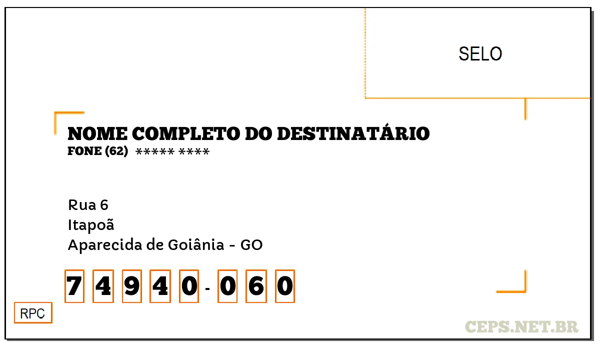 CEP APARECIDA DE GOIÂNIA - GO, DDD 62, CEP 74940060, RUA 6, BAIRRO ITAPOÃ.