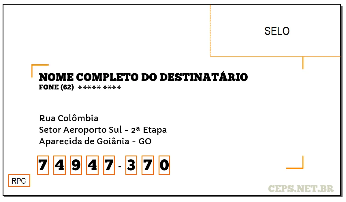 CEP APARECIDA DE GOIÂNIA - GO, DDD 62, CEP 74947370, RUA COLÔMBIA, BAIRRO SETOR AEROPORTO SUL - 2ª ETAPA.