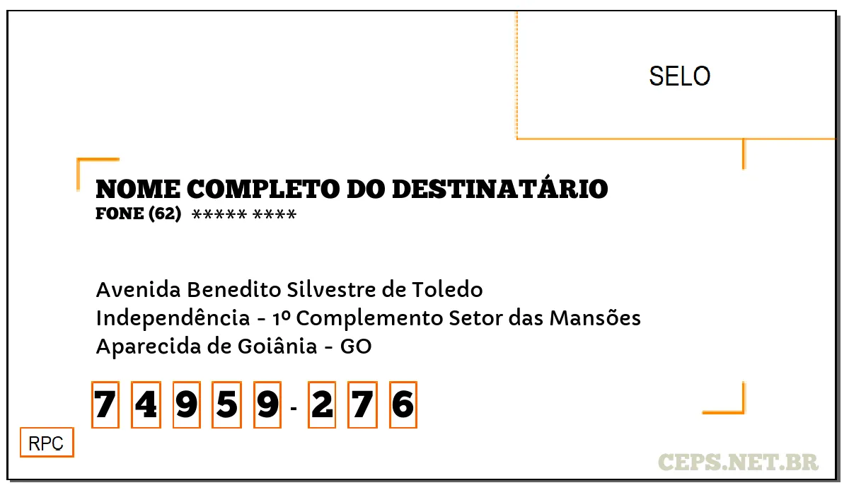 CEP APARECIDA DE GOIÂNIA - GO, DDD 62, CEP 74959276, AVENIDA BENEDITO SILVESTRE DE TOLEDO, BAIRRO INDEPENDÊNCIA - 1º COMPLEMENTO SETOR DAS MANSÕES.