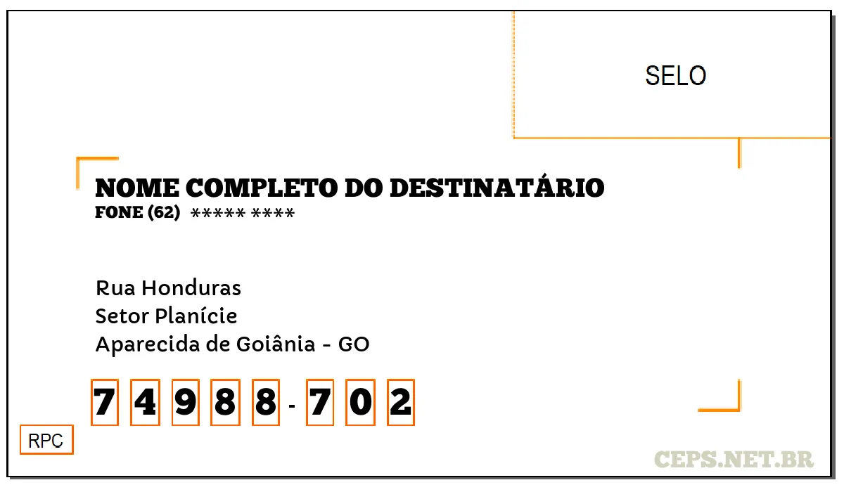 CEP APARECIDA DE GOIÂNIA - GO, DDD 62, CEP 74988702, RUA HONDURAS, BAIRRO SETOR PLANÍCIE.