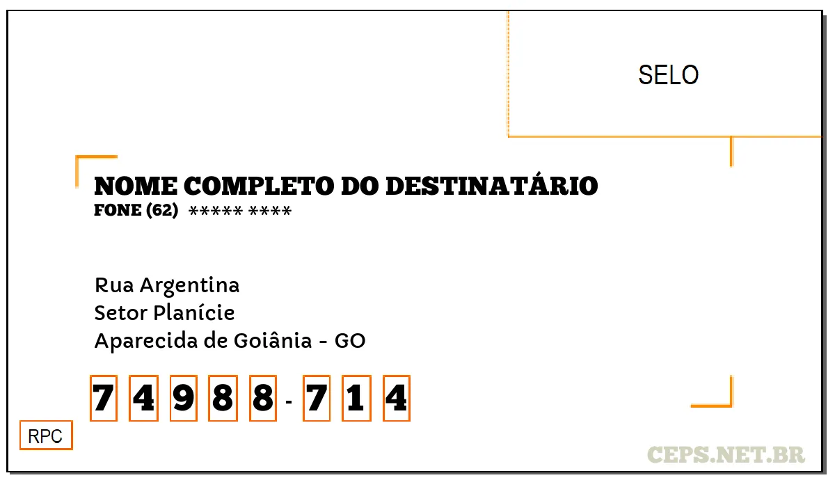 CEP APARECIDA DE GOIÂNIA - GO, DDD 62, CEP 74988714, RUA ARGENTINA, BAIRRO SETOR PLANÍCIE.