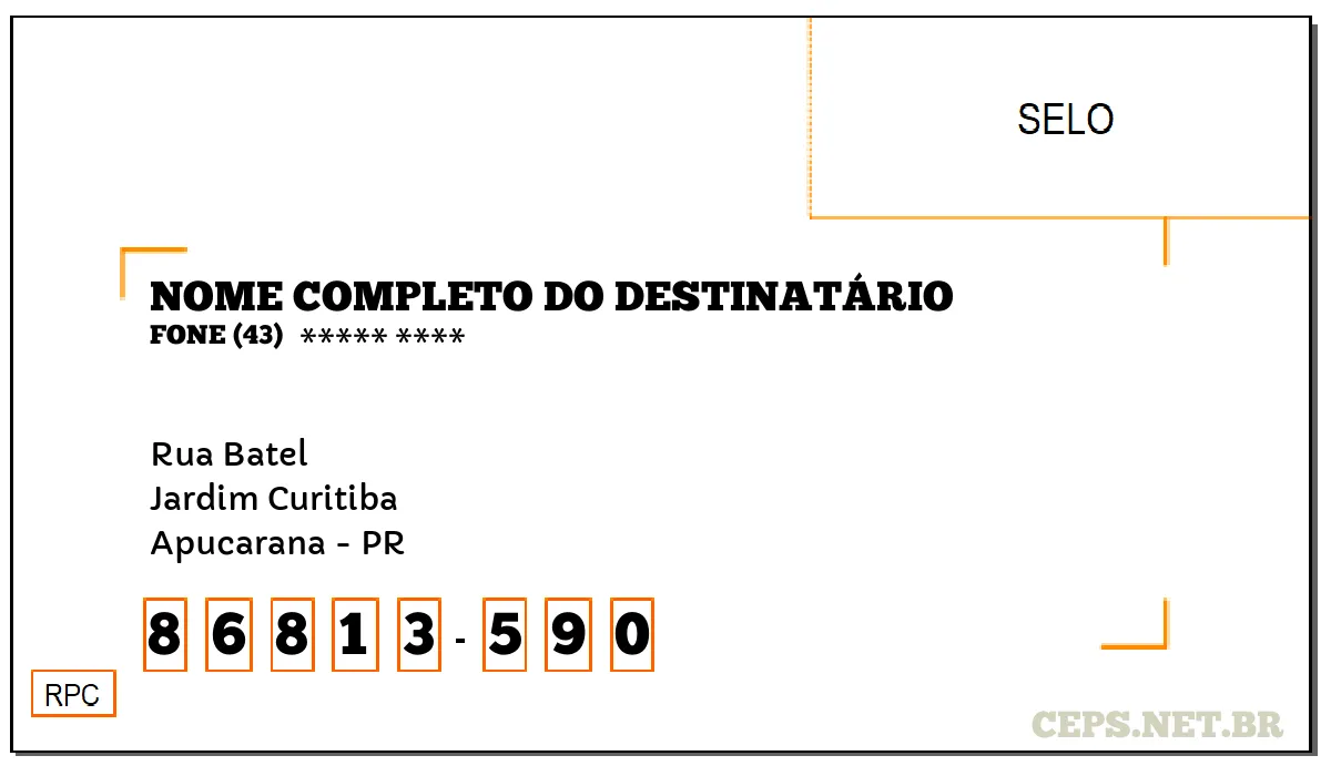 CEP APUCARANA - PR, DDD 43, CEP 86813590, RUA BATEL, BAIRRO JARDIM CURITIBA.