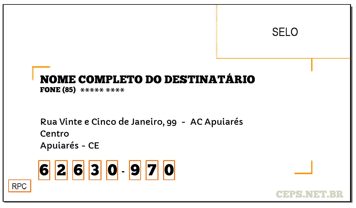 CEP APUIARÉS - CE, DDD 85, CEP 62630970, RUA VINTE E CINCO DE JANEIRO, 99 , BAIRRO CENTRO.