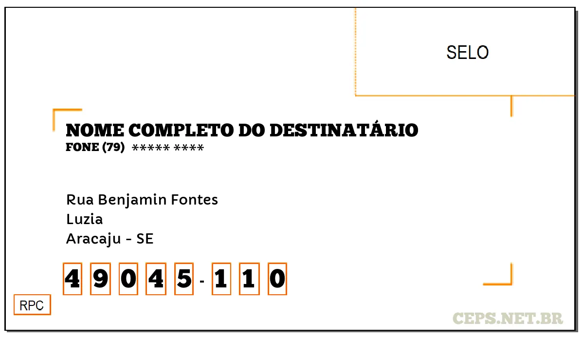 CEP ARACAJU - SE, DDD 79, CEP 49045110, RUA BENJAMIN FONTES, BAIRRO LUZIA.