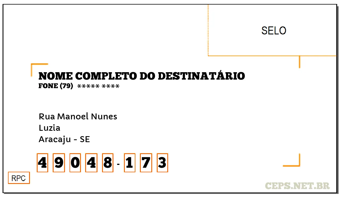 CEP ARACAJU - SE, DDD 79, CEP 49048173, RUA MANOEL NUNES, BAIRRO LUZIA.