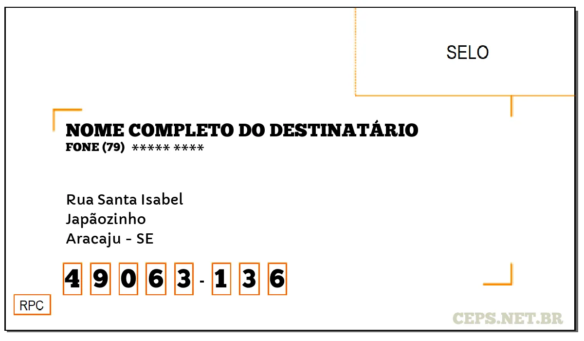 CEP ARACAJU - SE, DDD 79, CEP 49063136, RUA SANTA ISABEL, BAIRRO JAPÃOZINHO.