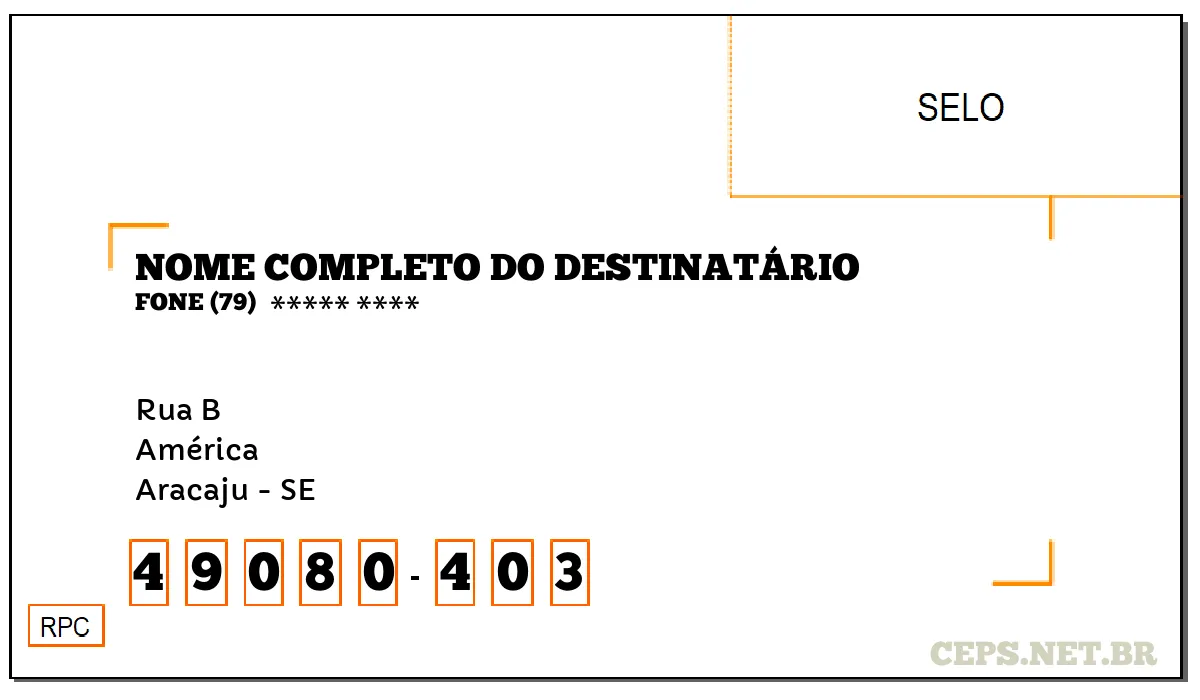 CEP ARACAJU - SE, DDD 79, CEP 49080403, RUA B, BAIRRO AMÉRICA.