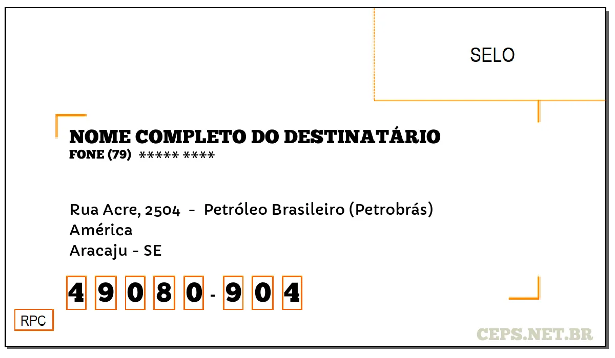 CEP ARACAJU - SE, DDD 79, CEP 49080904, RUA ACRE, 2504 , BAIRRO AMÉRICA.