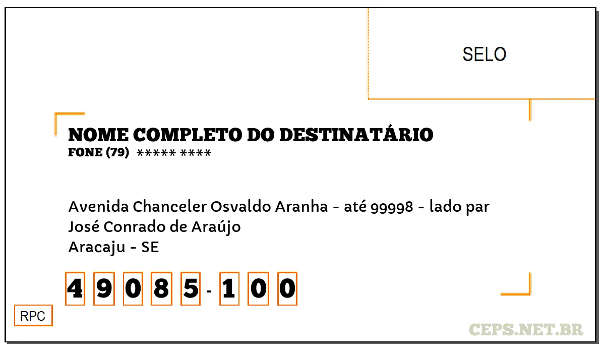 CEP ARACAJU - SE, DDD 79, CEP 49085100, AVENIDA CHANCELER OSVALDO ARANHA - ATÉ 99998 - LADO PAR, BAIRRO JOSÉ CONRADO DE ARAÚJO.