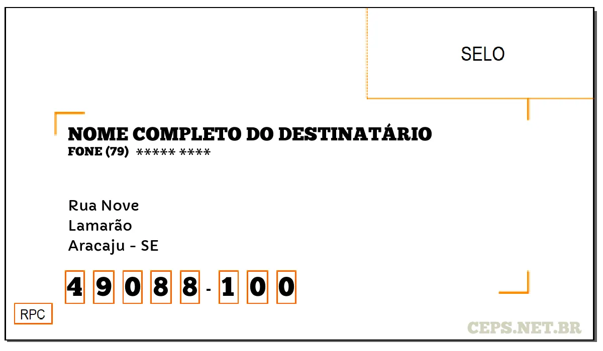 CEP ARACAJU - SE, DDD 79, CEP 49088100, RUA NOVE, BAIRRO LAMARÃO.