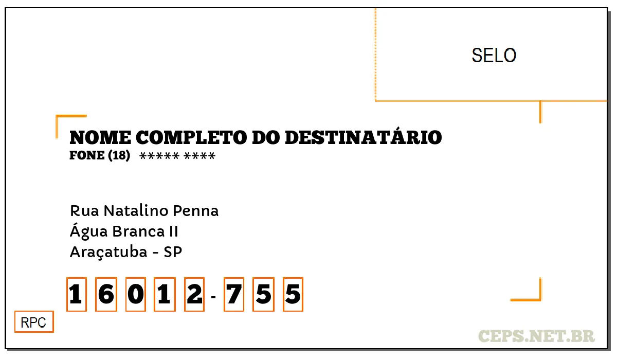 CEP ARAÇATUBA - SP, DDD 18, CEP 16012755, RUA NATALINO PENNA, BAIRRO ÁGUA BRANCA II.