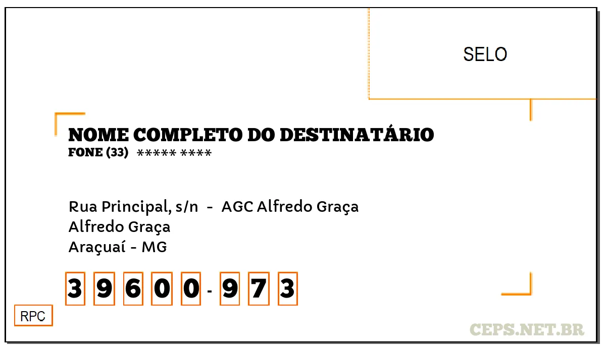 CEP ARAÇUAÍ - MG, DDD 33, CEP 39600973, RUA PRINCIPAL, S/N , BAIRRO ALFREDO GRAÇA.