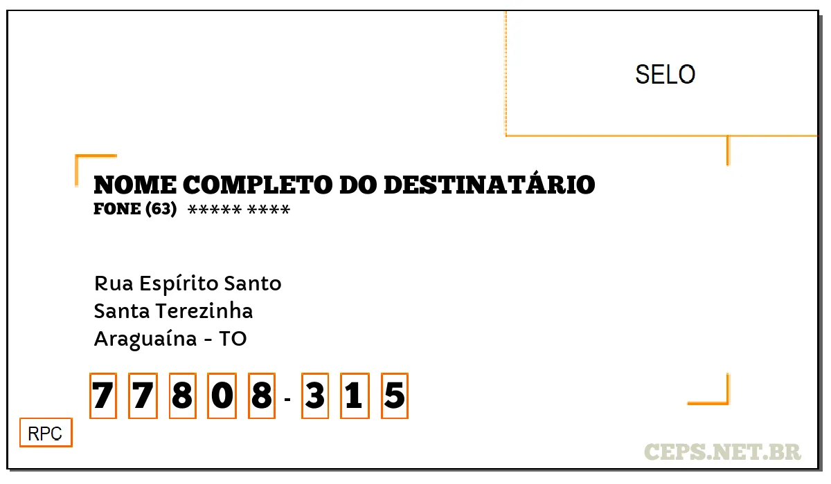 CEP ARAGUAÍNA - TO, DDD 63, CEP 77808315, RUA ESPÍRITO SANTO, BAIRRO SANTA TEREZINHA.