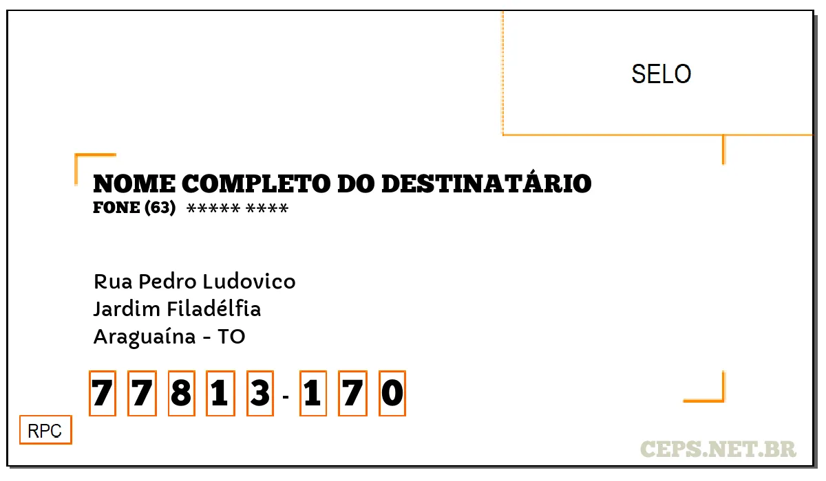 CEP ARAGUAÍNA - TO, DDD 63, CEP 77813170, RUA PEDRO LUDOVICO, BAIRRO JARDIM FILADÉLFIA.