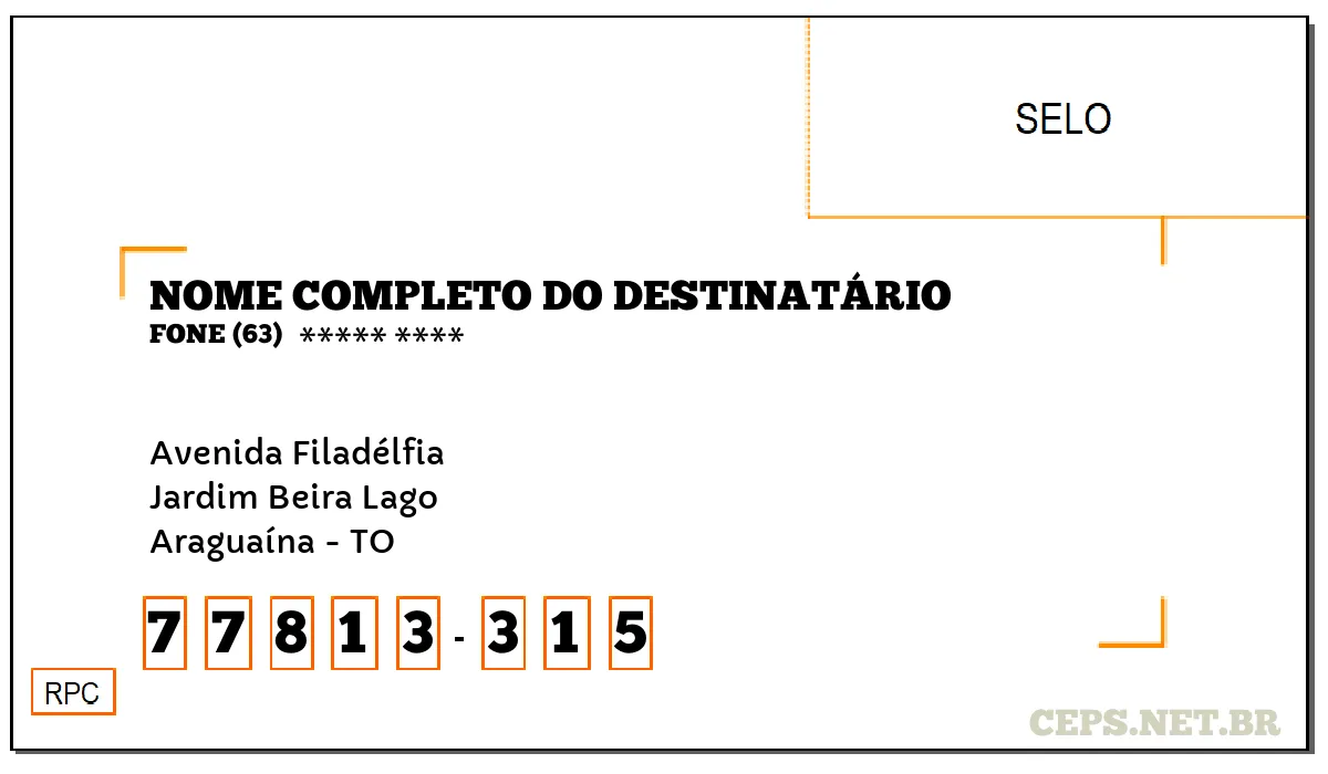 CEP ARAGUAÍNA - TO, DDD 63, CEP 77813315, AVENIDA FILADÉLFIA, BAIRRO JARDIM BEIRA LAGO.