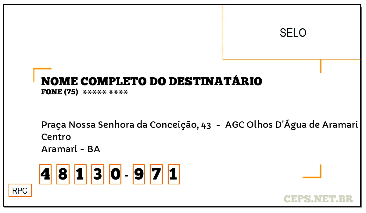 CEP ARAMARI - BA, DDD 75, CEP 48130971, PRAÇA NOSSA SENHORA DA CONCEIÇÃO, 43 , BAIRRO CENTRO.