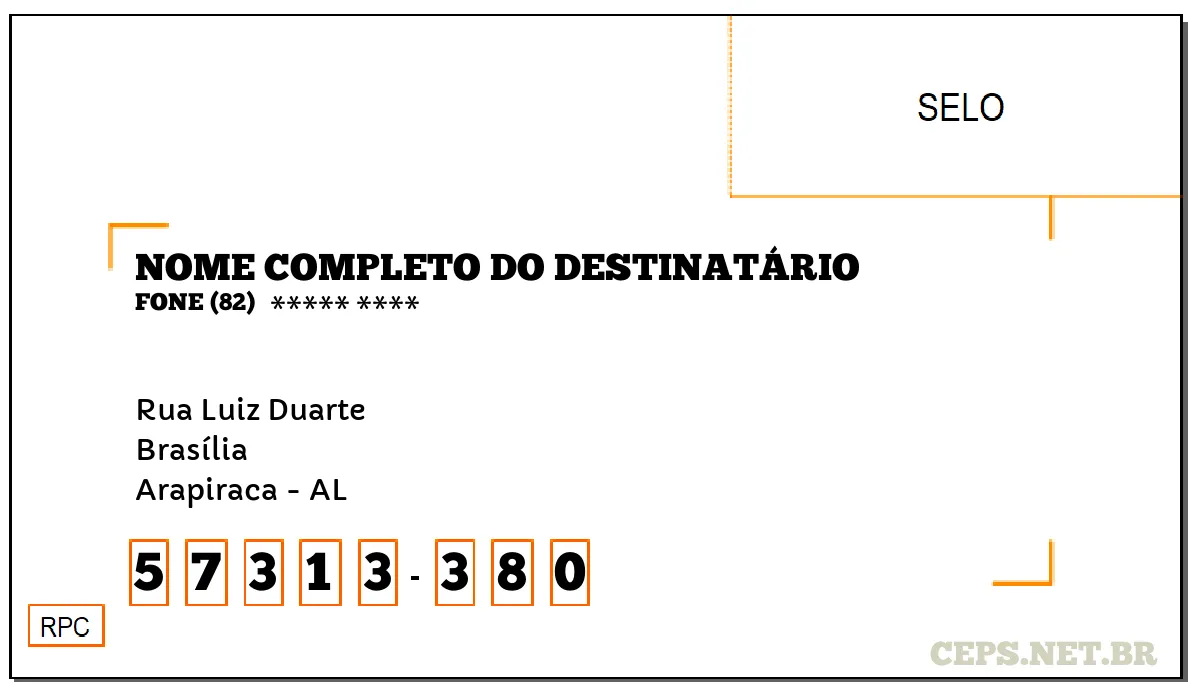 CEP ARAPIRACA - AL, DDD 82, CEP 57313380, RUA LUIZ DUARTE, BAIRRO BRASÍLIA.