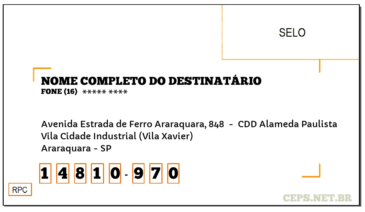 CEP ARARAQUARA - SP, DDD 16, CEP 14810970, AVENIDA ESTRADA DE FERRO ARARAQUARA, 848 , BAIRRO VILA CIDADE INDUSTRIAL (VILA XAVIER).