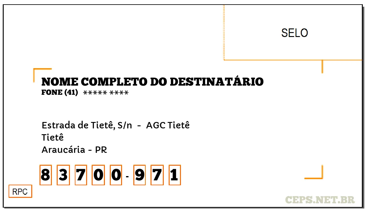 CEP ARAUCÁRIA - PR, DDD 41, CEP 83700971, ESTRADA DE TIETÊ, S/N , BAIRRO TIETÊ.