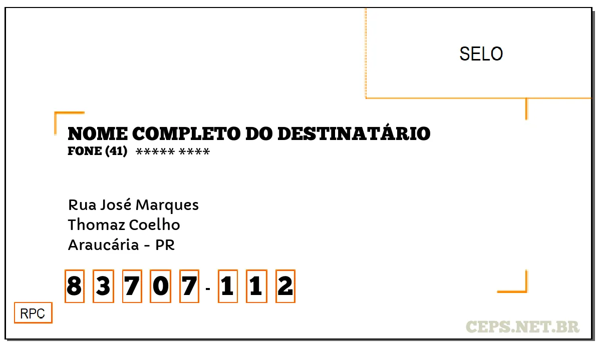 CEP ARAUCÁRIA - PR, DDD 41, CEP 83707112, RUA JOSÉ MARQUES, BAIRRO THOMAZ COELHO.