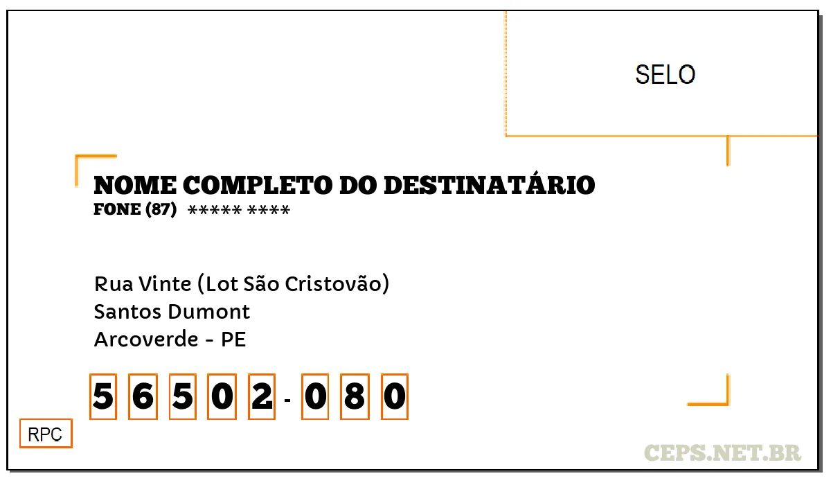 CEP ARCOVERDE - PE, DDD 87, CEP 56502080, RUA VINTE (LOT SÃO CRISTOVÃO), BAIRRO SANTOS DUMONT.