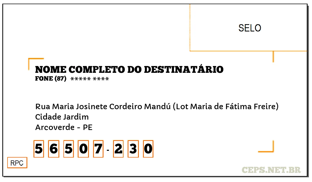 CEP ARCOVERDE - PE, DDD 87, CEP 56507230, RUA MARIA JOSINETE CORDEIRO MANDÚ (LOT MARIA DE FÁTIMA FREIRE), BAIRRO CIDADE JARDIM.