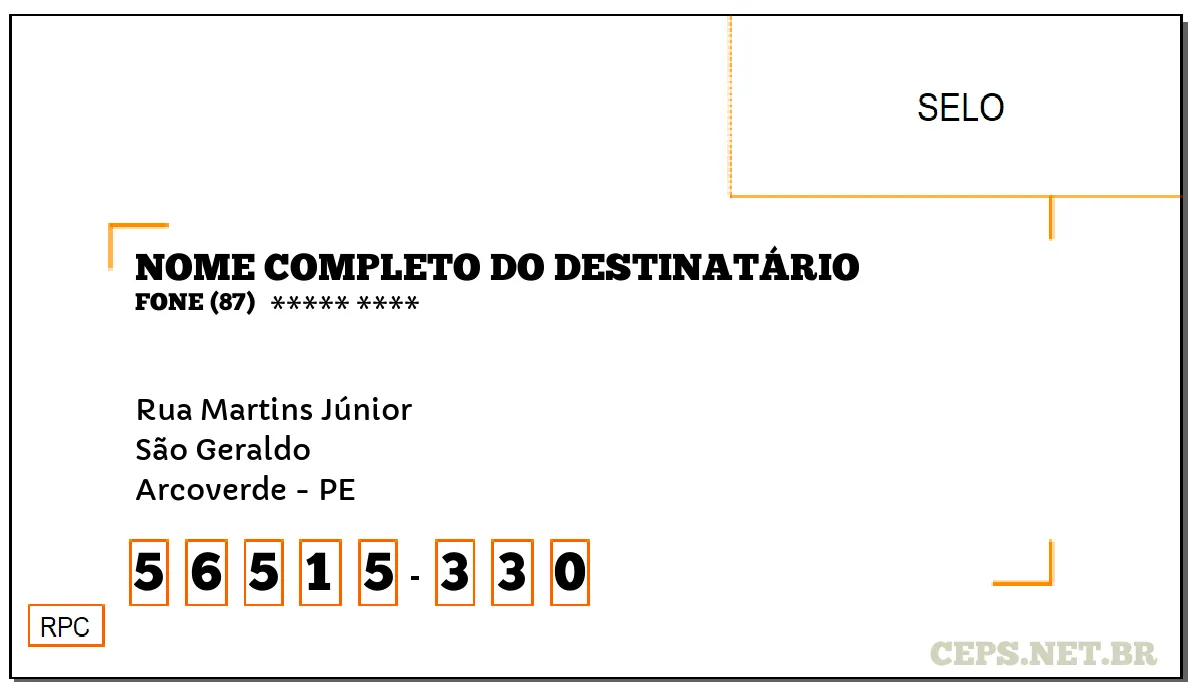 CEP ARCOVERDE - PE, DDD 87, CEP 56515330, RUA MARTINS JÚNIOR, BAIRRO SÃO GERALDO.